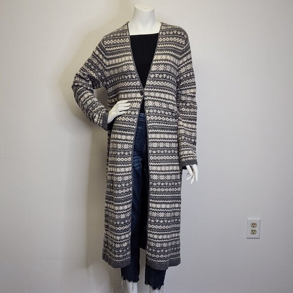 J Jill Womens M Fair Isle Boucle Duster Cardigan Sweater Gray Ivory Cotton Blnd - Picture 2 of 10